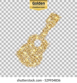 Gold glitter vector icon of guitar isolated on background. Art creative concept illustration for web, glow light confetti, bright sequins, sparkle tinsel, abstract bling, shimmer dust, foil.