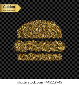Gold glitter vector icon of hamburger isolated on background. Art creative concept illustration for web, glow light confetti, bright sequins, sparkle tinsel, abstract bling, shimmer dust, foil.
