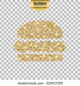 Gold glitter vector icon of hamburger isolated on background. Art creative concept illustration for web, glow light confetti, bright sequins, sparkle tinsel, abstract bling, shimmer dust, foil.