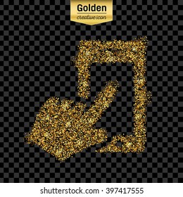 Gold glitter vector icon of the hand with the phone isolated on background. Art creative concept illustration for web, glow light confetti, bright sequins, sparkle tinsel, bling, shimmer dust, foil.