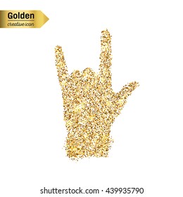 Gold glitter vector icon of hand rock isolated on background. Art creative concept illustration for web, glow light confetti, bright sequins, sparkle tinsel, abstract bling, shimmer dust, foil.