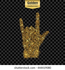 Gold glitter vector icon of hand rock isolated on background. Art creative concept illustration for web, glow light confetti, bright sequins, sparkle tinsel, abstract bling, shimmer dust, foil.