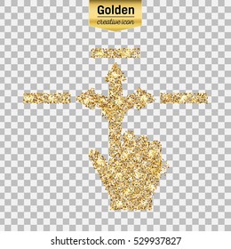Gold glitter vector icon of hand with arrows isolated on background. Art creative concept illustration for web, glow light confetti, bright sequins, sparkle tinsel, bling logo, shimmer dust, foil.