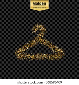 Gold glitter vector icon of hanger for clothes isolated on background. Art creative concept illustration for web, glow light confetti, bright sequins, sparkle tinsel, abstract bling, shimmer dust.