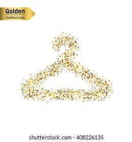 Gold glitter vector icon of hanger for clothes isolated on background. Art creative concept illustration for web, glow light confetti, bright sequins, sparkle tinsel, abstract bling, shimmer dust.