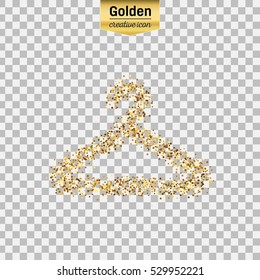 Gold glitter vector icon of hanger for clothes isolated on background. Art creative concept illustration for web, glow light confetti, bright sequins, sparkle tinsel, abstract bling, shimmer dust