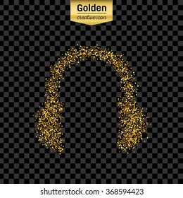 Gold glitter vector icon of headphone isolated on background. Art creative concept illustration for web, glow light confetti, bright sequins, sparkle tinsel, abstract bling, shimmer dust, foil.