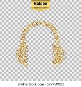 Gold glitter vector icon of headphone isolated on background. Art creative concept illustration for web, glow light confetti, bright sequins, sparkle tinsel, abstract bling, shimmer dust, foil.