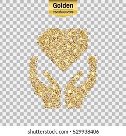 Gold glitter vector icon of heart in hand isolated on background. Art creative concept illustration for web, glow light confetti, bright sequins, sparkle tinsel, bling logo, shimmer dust, foil.