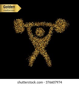 Gold glitter vector icon of heavy athletics isolated on background. Art creative concept illustration for web, glow light confetti, bright sequins, sparkle tinsel, abstract bling, shimmer dust, foil.