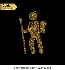 Gold glitter vector icon of hiker isolated on background.