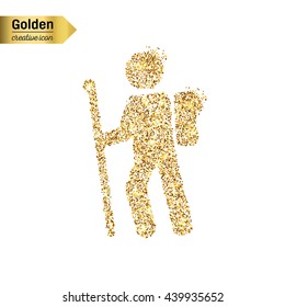Gold glitter vector icon of hiker isolated on background. Art creative concept illustration for web, glow light confetti, bright sequins, sparkle tinsel, abstract bling, shimmer dust, foil.