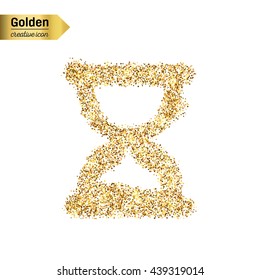 Gold glitter vector icon of hourglass isolated on background. Art creative concept illustration for web, glow light confetti, bright sequins, sparkle tinsel, abstract bling, shimmer dust, foil.