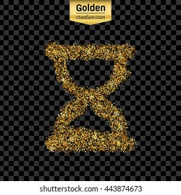 Gold glitter vector icon of hourglass isolated on background. Art creative concept illustration for web, glow light confetti, bright sequins, sparkle tinsel, abstract bling, shimmer dust, foil.