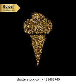 Gold glitter vector icon of ice cream isolated on background. Art creative concept illustration for web, glow light confetti, bright sequins, sparkle tinsel, abstract bling, shimmer dust, foil.