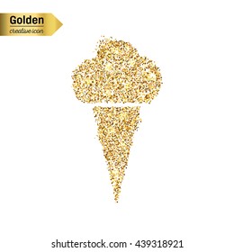 Gold glitter vector icon of ice cream isolated on background. Art creative concept illustration for web, glow light confetti, bright sequins, sparkle tinsel, abstract bling, shimmer dust, foil.
