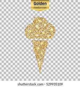 Gold glitter vector icon of ice cream isolated on background. Art creative concept illustration for web, glow light confetti, bright sequins, sparkle tinsel, abstract bling, shimmer dust, foil.