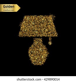 Gold glitter vector icon of lamp isolated on background. Art creative concept illustration for web, glow light confetti, bright sequins, sparkle tinsel, abstract bling, shimmer dust, foil.