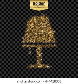 Gold glitter vector icon of lamp isolated on background. Art creative concept illustration for web, glow light confetti, bright sequins, sparkle tinsel, abstract bling, shimmer dust, foil.