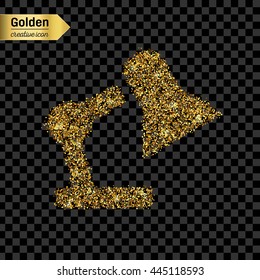 Gold glitter vector icon of lamp isolated on background. Art creative concept illustration for web, glow light confetti, bright sequins, sparkle tinsel, abstract bling, shimmer dust, foil.
