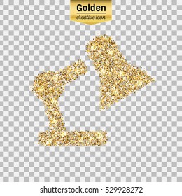 Gold glitter vector icon of lamp isolated on background. Art creative concept illustration for web, glow light confetti, bright sequins, sparkle tinsel, abstract bling, shimmer dust, foil.