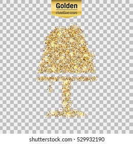 Gold glitter vector icon of lamp isolated on background. Art creative concept illustration for web, glow light confetti, bright sequins, sparkle tinsel, abstract bling, shimmer dust, foil.