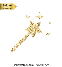 Gold glitter vector icon of magic wand isolated on background. Art creative concept illustration for web, glow light confetti, bright sequins, sparkle tinsel, abstract bling, shimmer dust, foil.