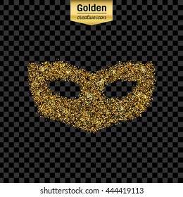 Gold glitter vector icon of mask isolated on background. Art creative concept illustration for web, glow light confetti, bright sequins, sparkle tinsel, abstract bling, shimmer dust, foil.