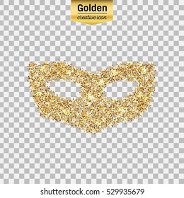 Gold glitter vector icon of mask isolated on background. Art creative concept illustration for web, glow light confetti, bright sequins, sparkle tinsel, abstract bling, shimmer dust, foil.