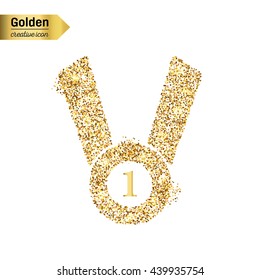 Gold glitter vector icon of medal isolated on background. Art creative concept illustration for web, glow light confetti, bright sequins, sparkle tinsel, abstract bling, shimmer dust, foil.