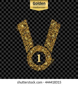 Gold glitter vector icon of medal isolated on background. Art creative concept illustration for web, glow light confetti, bright sequins, sparkle tinsel, abstract bling, shimmer dust, foil.