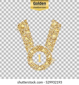 Gold glitter vector icon of medal isolated on background. Art creative concept illustration for web, glow light confetti, bright sequins, sparkle tinsel, abstract bling, shimmer dust, foil.