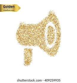 Gold glitter vector icon of megaphone isolated on background.