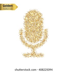 Gold glitter vector icon of microphone isolated on background. Art creative concept illustration for web, glow light confetti, bright sequins, sparkle tinsel, abstract bling, shimmer dust, foil