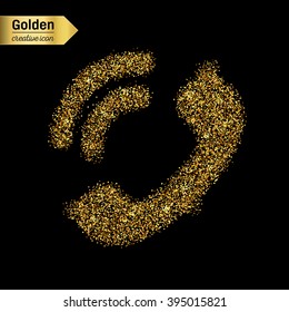 Gold glitter vector icon of mobile phone isolated on background. Art creative concept illustration for web, glow light confetti, bright sequins, sparkle tinsel, abstract bling, shimmer dust, foil.