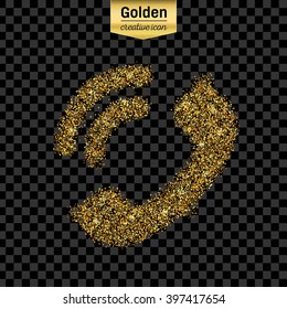 Gold glitter vector icon of mobile phone isolated on background. Art creative concept illustration for web, glow light confetti, bright sequins, sparkle tinsel, abstract bling, shimmer dust, foil.