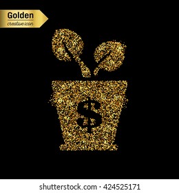 Gold glitter vector icon of money isolated on background. Art creative concept illustration for web, glow light confetti, bright sequins, sparkle tinsel, abstract bling, shimmer dust, foil.