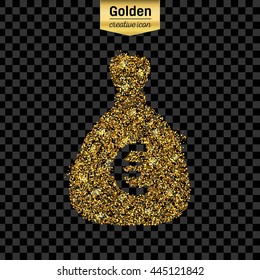 Gold glitter vector icon of money bag isolated on background. Art creative concept illustration for web, glow light confetti, bright sequins, sparkle tinsel, abstract bling, shimmer dust, foil.