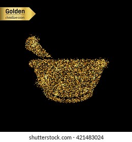 Gold glitter vector icon of mortar isolated on background. Art creative concept illustration for web, glow light confetti, bright sequins, sparkle tinsel, abstract bling, shimmer dust, foil.