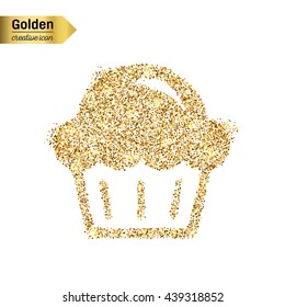 Gold glitter vector icon of muffin isolated on background. Art creative concept illustration for web, glow light confetti, bright sequins, sparkle tinsel, abstract bling, shimmer dust, foil.