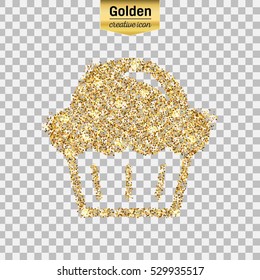 Gold glitter vector icon of muffin isolated on background. Art creative concept illustration for web, glow light confetti, bright sequins, sparkle tinsel, abstract bling, shimmer dust, foil.