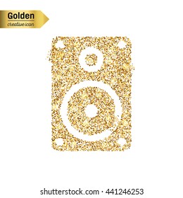 Gold glitter vector icon of music column isolated on background. Art creative concept illustration for web, glow light confetti, bright sequins, sparkle tinsel, abstract bling, shimmer dust, foil.