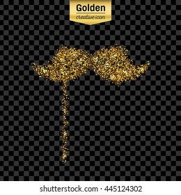 Gold glitter vector icon of mustache isolated on background. Art creative concept illustration for web, glow light confetti, bright sequins, sparkle tinsel, abstract bling, shimmer dust, foil.