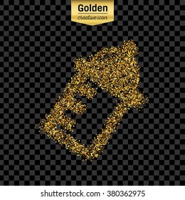 Gold glitter vector icon of nursing bottle isolated on background. Art creative concept illustration for web, glow light confetti, bright sequins, sparkle tinsel, abstract bling, shimmer dust, foil.