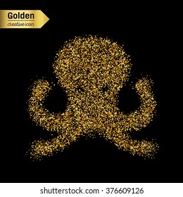 Gold glitter vector icon of octopus isolated on background. Art creative concept illustration for web, glow light confetti, bright sequins, sparkle tinsel, abstract bling, shimmer dust, foil.