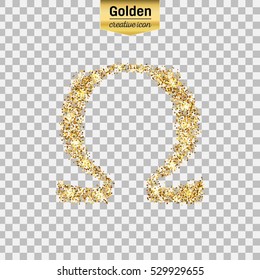 Gold glitter vector icon of omega isolated on background. Art creative concept illustration for web, glow light confetti, bright sequins, sparkle tinsel, abstract bling, shimmer dust, foil.