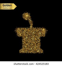 Gold glitter vector icon of orator stands isolated on background. Art creative concept illustration for web, glow light confetti, bright sequins, sparkle tinsel, abstract bling, shimmer dust, foil.