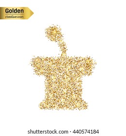 Gold glitter vector icon of orator stands isolated on background. Art creative concept illustration for web, glow light confetti, bright sequins, sparkle tinsel, abstract bling, shimmer dust, foil.
