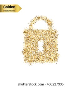 Gold glitter vector icon of padlock isolated on background. Art creative concept illustration for web, glow light confetti, bright sequins, sparkle tinsel, abstract bling, shimmer dust, foil