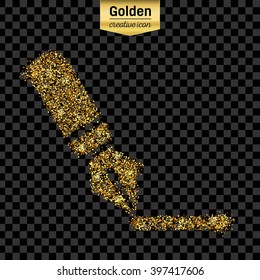 Gold glitter vector icon of pen isolated on background. Art creative concept illustration for web, glow light confetti, bright sequins, sparkle tinsel, abstract bling, shimmer dust, foil.